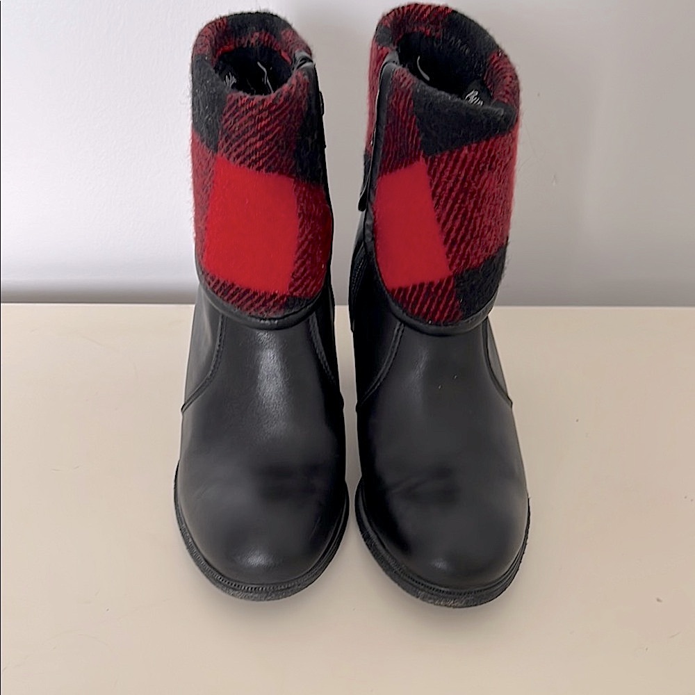 Paul Brodie Black and Red Plaid Cuff Leather Ankle Boots, 7.5